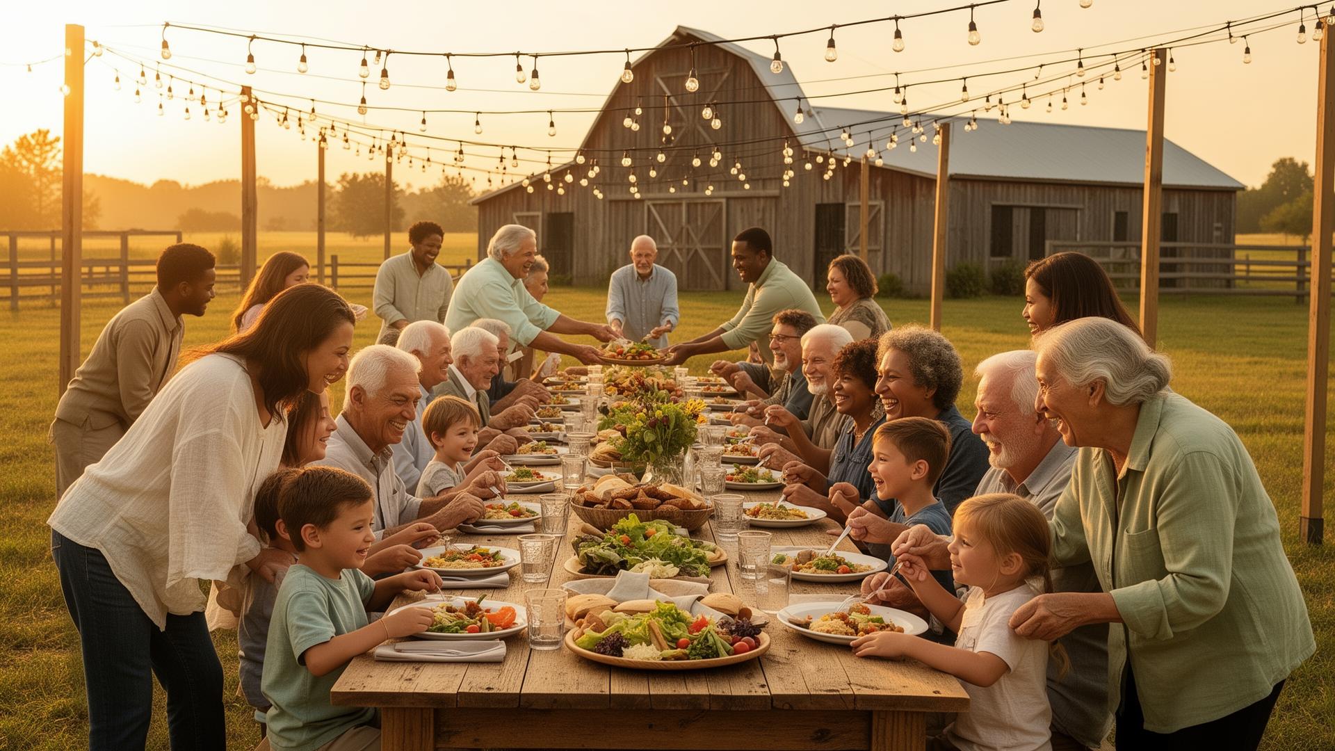 A diverse multigenerational community sharing a meal at long wooden tables under string lights in front of a barn at golden hour