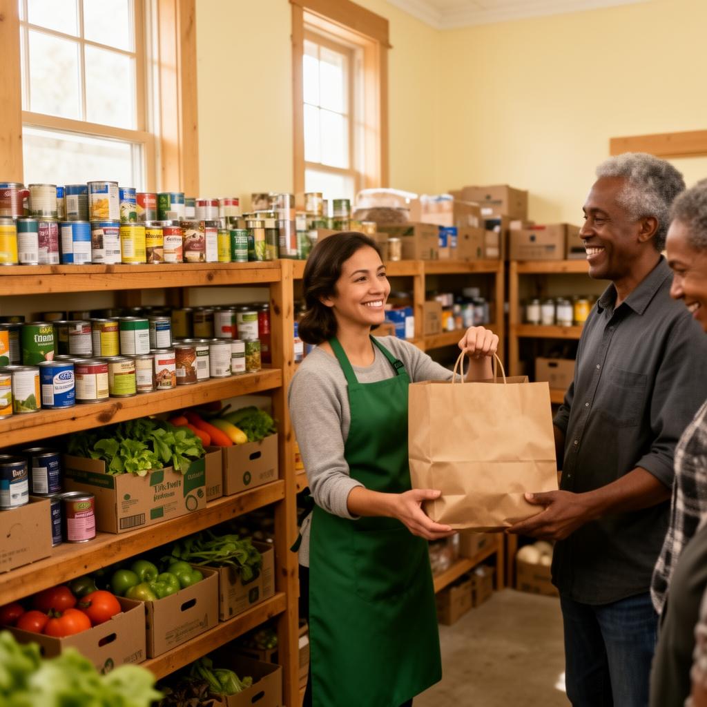 A friendly volunteer in a green apron handing a paper grocery bag to a community member inside a warm wooden-shelved food pantry