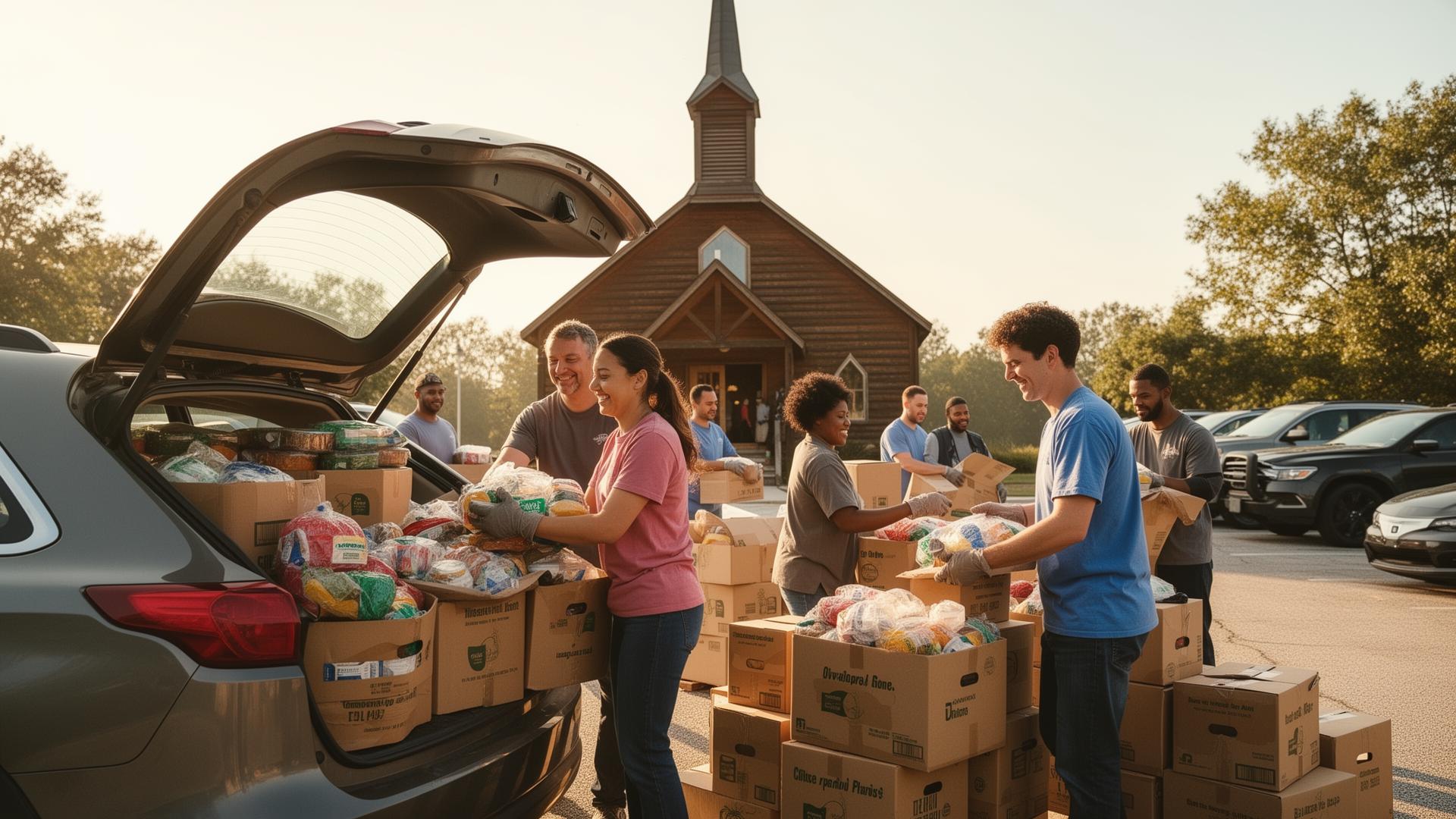Volunteers loading boxes of groceries and meals into the open trunk of a car outside a small wooden church on a sunny morning