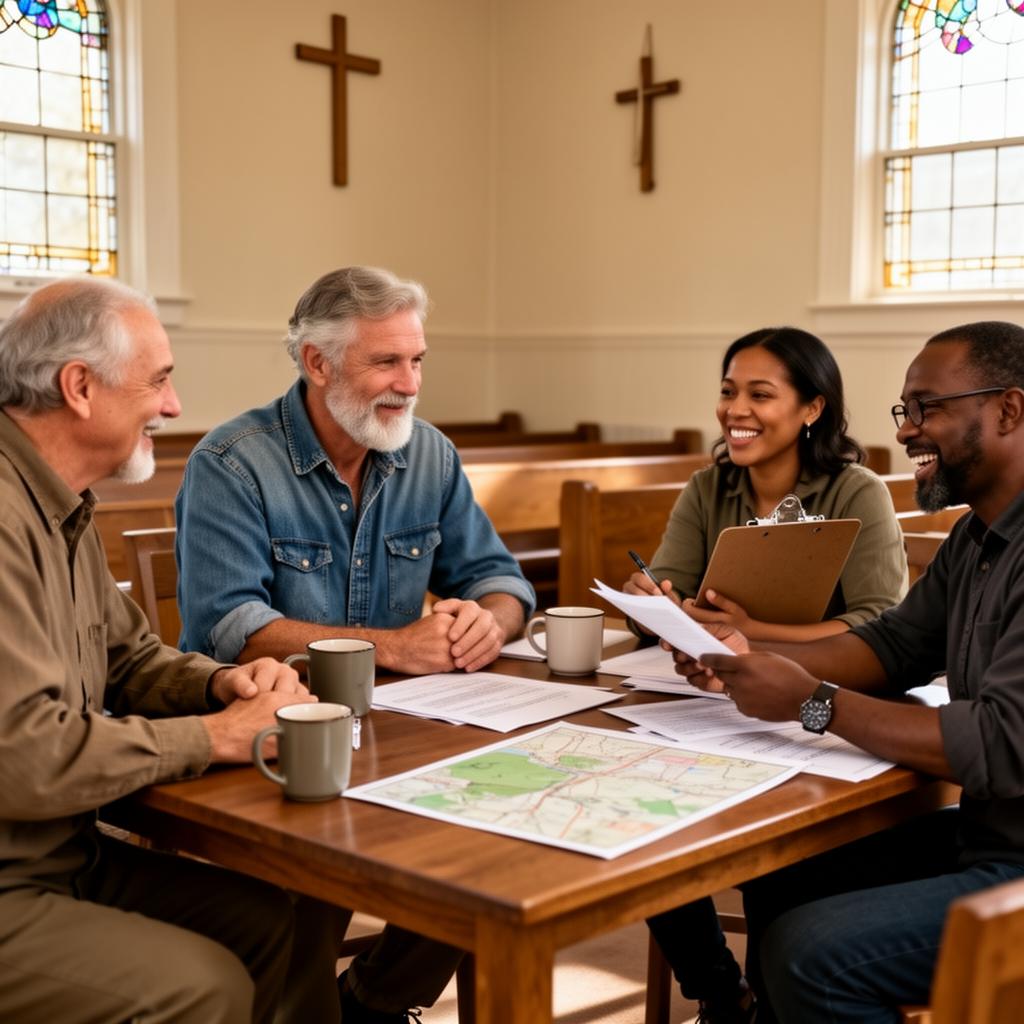 A pastor, a farmer in a denim shirt, and community organizers gathered around a wooden table in a church fellowship hall, planning together over a map and notes