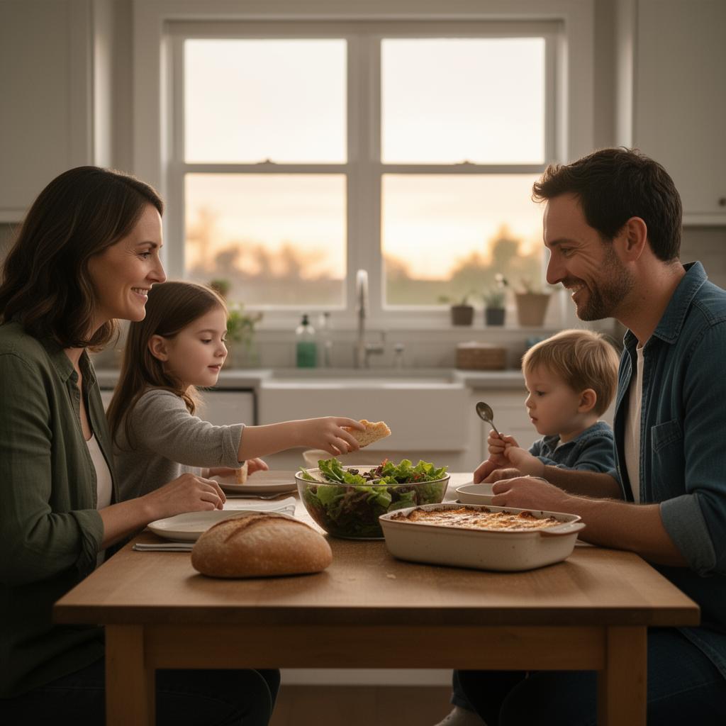 A young family of four — mom, dad, a young daughter and a toddler son — sharing a warm home-cooked meal at a simple wooden kitchen table in soft evening light