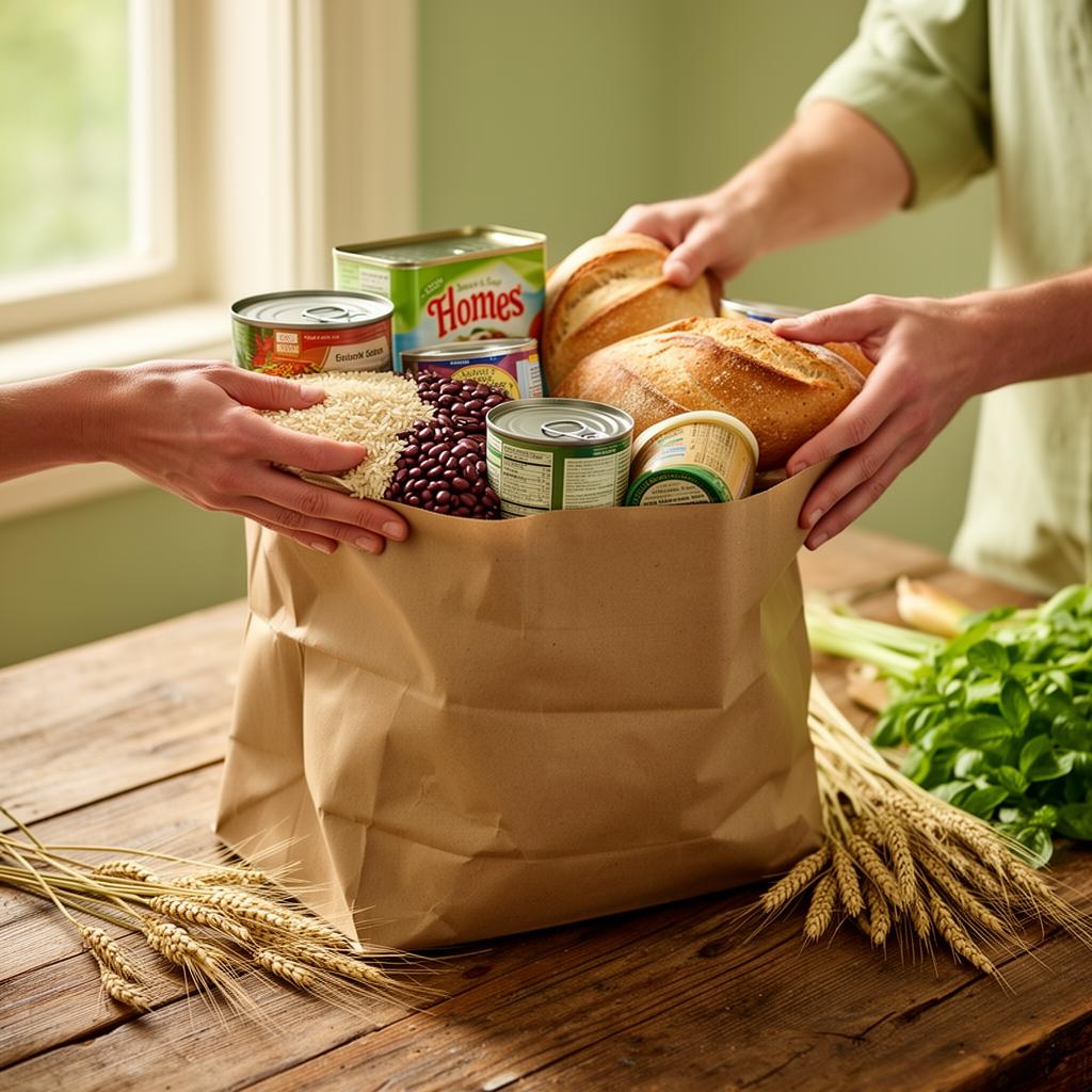 Hands packing rice, beans, canned goods and a loaf of bread into a brown paper grocery bag on a wooden farmhouse table with wheat sprigs nearby