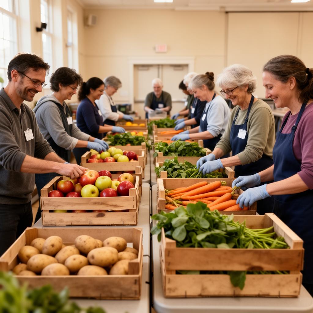 Volunteers of different ages sorting fresh apples, carrots, potatoes and greens into wooden crates inside a sunlit community hall